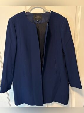 Lafayette 148 New York Navy Open-Front Women's Coat long blazer 100% wool 14